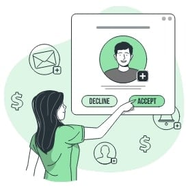 Cartoon image of woman looking at a picture of a man pressing the accept button