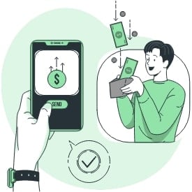 Cartoon image of hand holding a phone with dollar sign pressing send button and dollars falling to a man's wallet